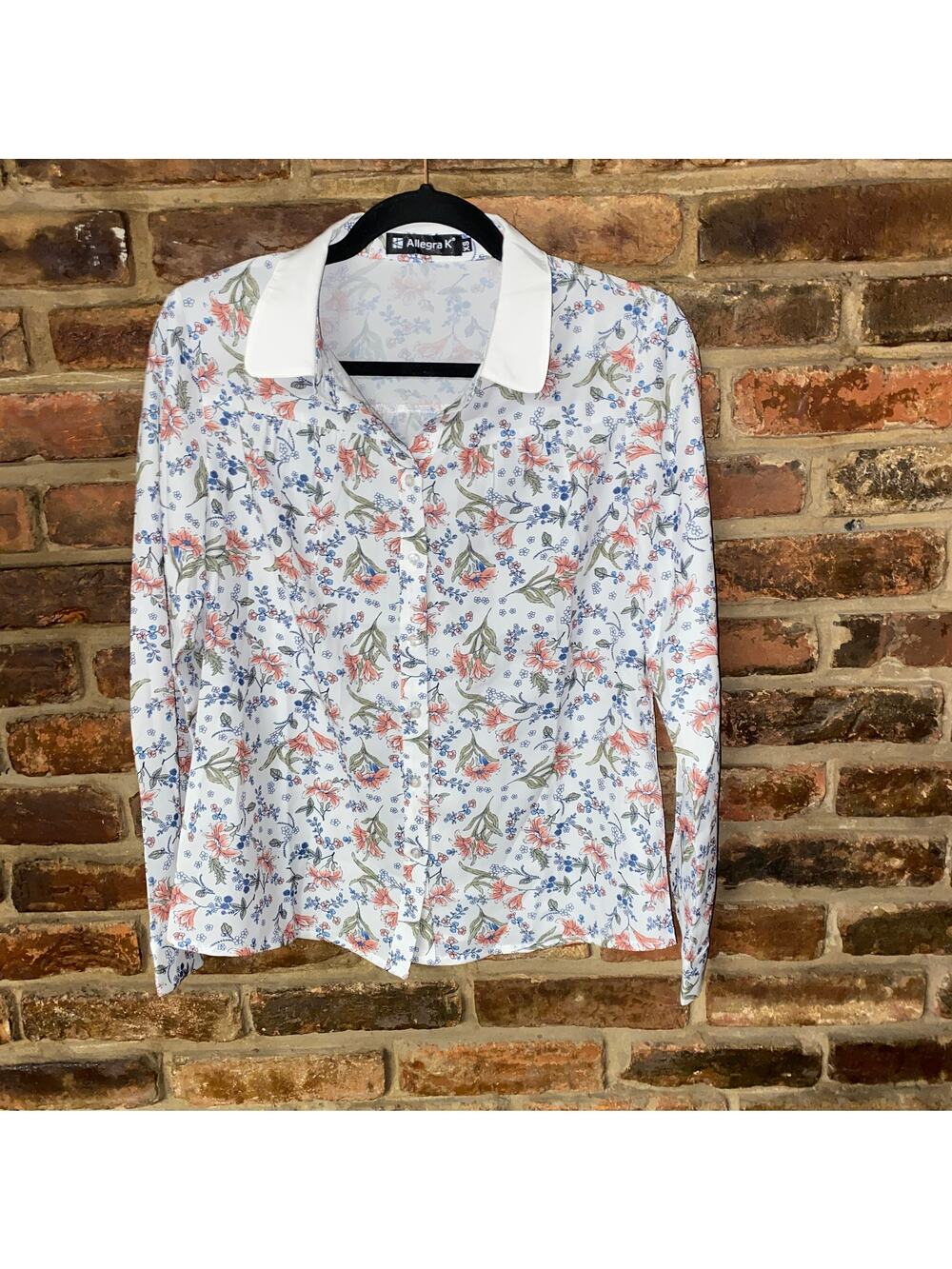 Allegra K White Floral Long Sleeve Button Down Shirt Women's Size XS